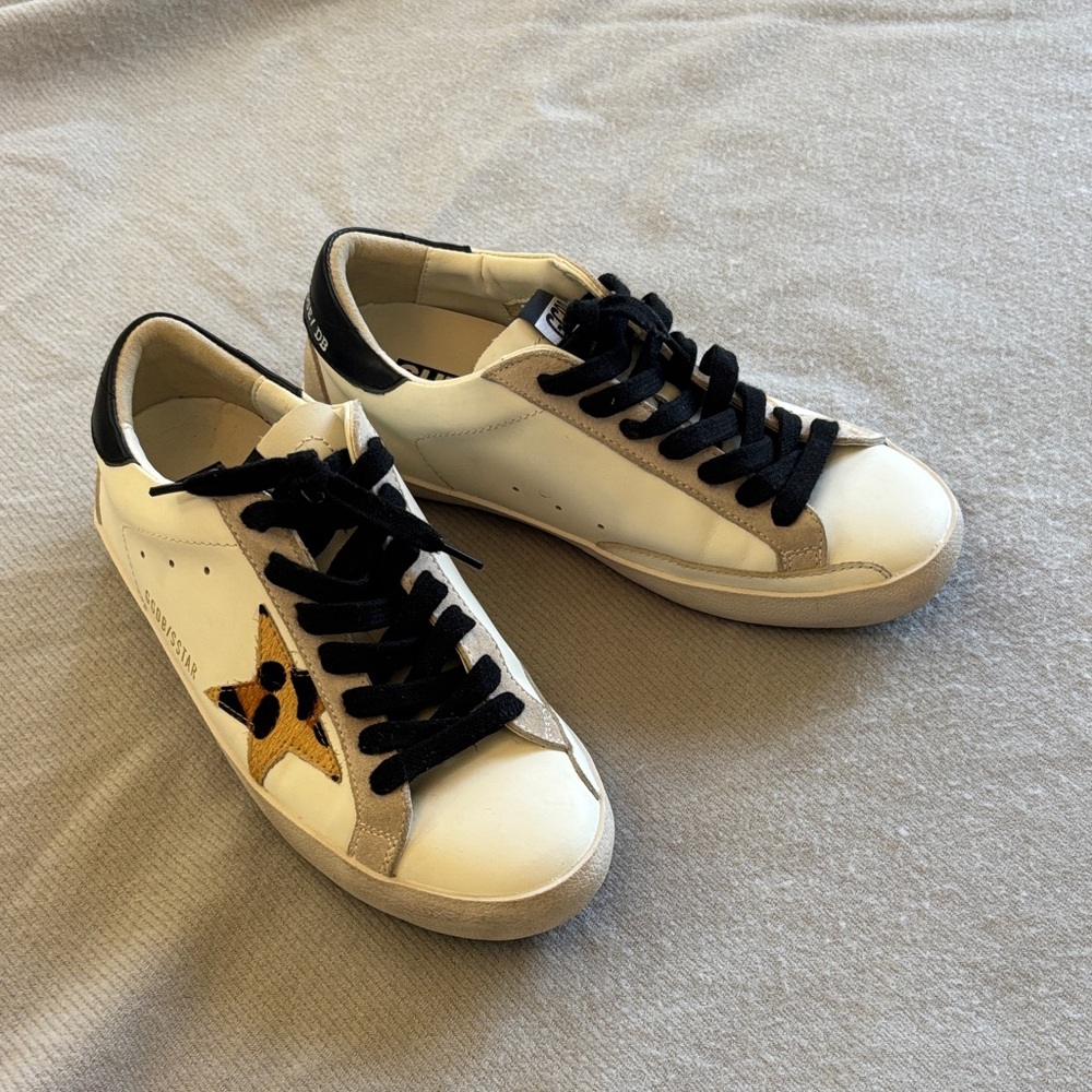 Golden Goose Superstar Sneakers Size 38 US 8 Leather White Gray Black Leapord